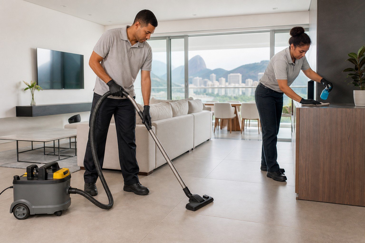 Equipe realizando limpeza pós-obra em apartamento recém-reformado no Rio de Janeiro