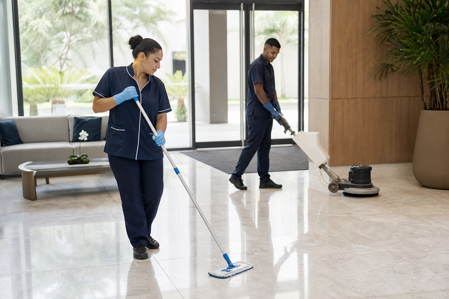 Equipe de limpeza terceirizada higienizando o hall de um condomínio no Rio de Janeiro