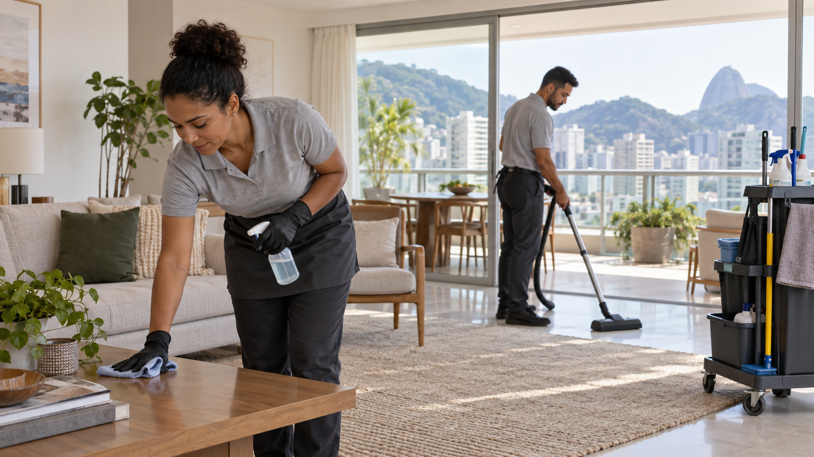 Equipe profissional realizando limpeza de apartamento no Rio de Janeiro